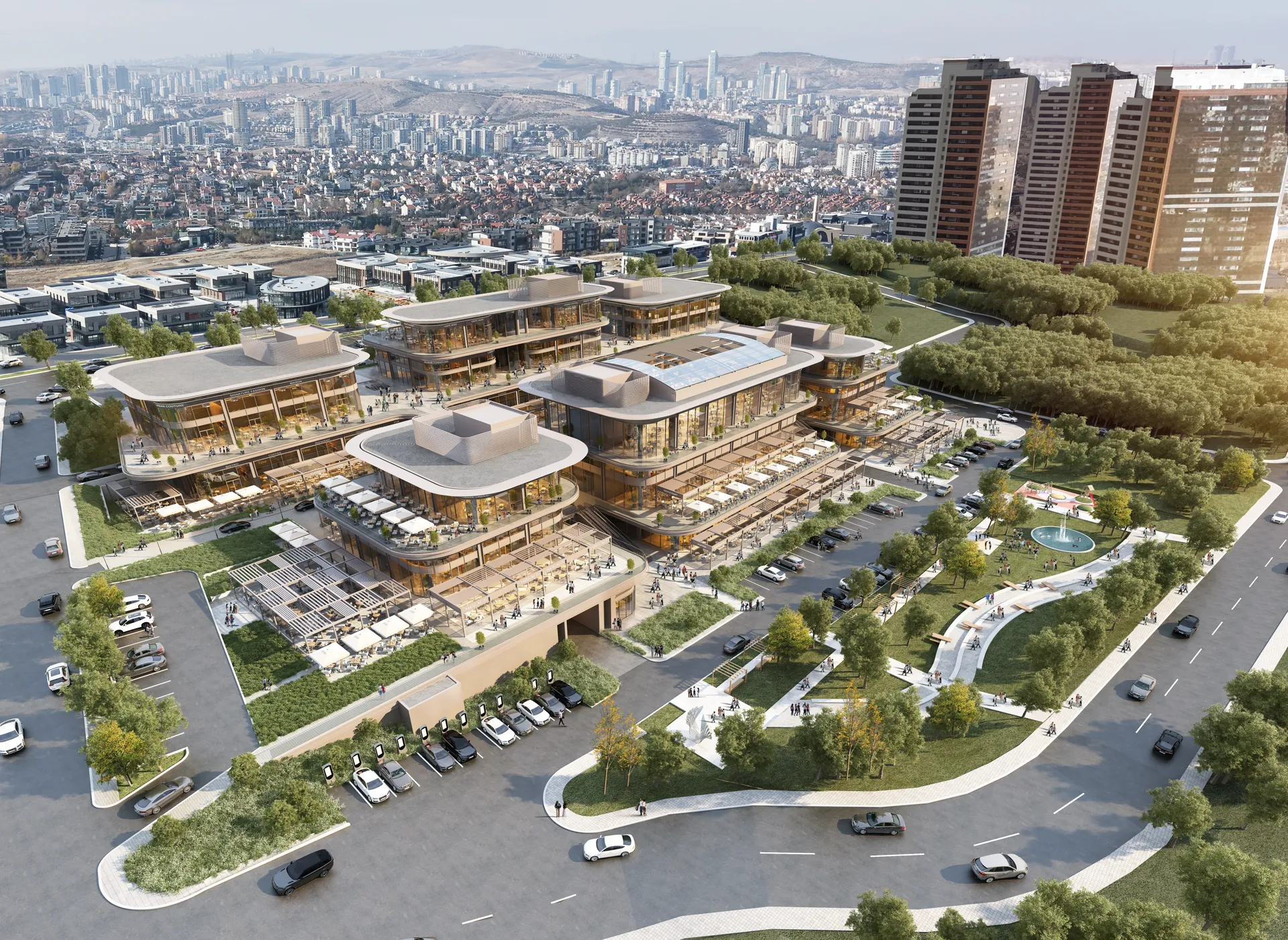 Havadan kuşbakışı render — otopark ve yeşil alanlar